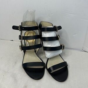 Michael Kors Viola 8M Black Leather 3 Strap Buckle Gold Zip Back Heel Sandal
